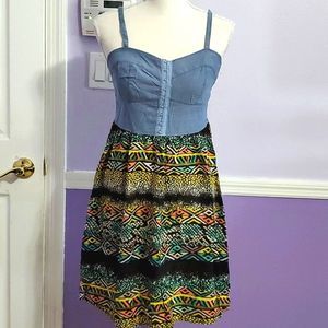 NOBO Chambray & Colorful Boho Print Corset Top Flowy Mini Dress